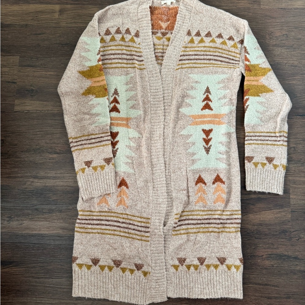 Ladies long Aztec sweater, very soft, neutral colors, size small.